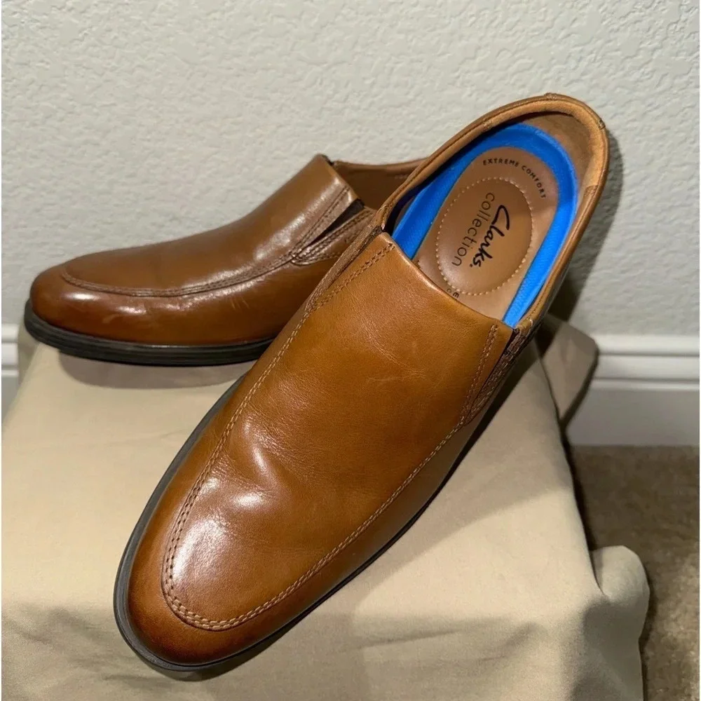 CLARKS Men’s Whiddon Step Dark Tan Leather Slip-on Loafer 9.5M